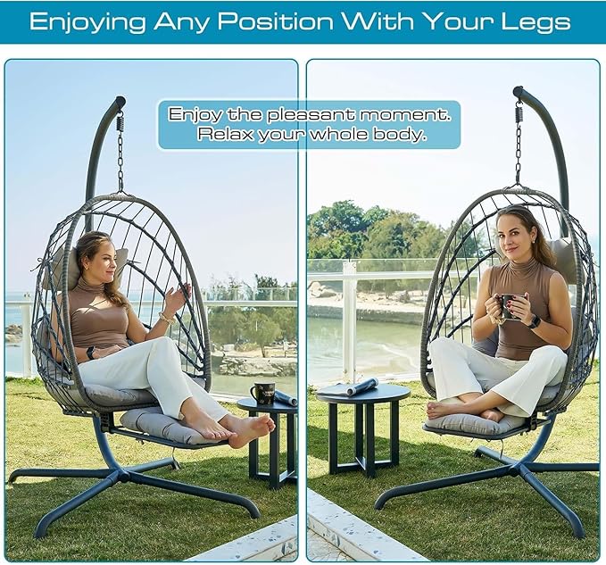 Hanging Egg Chair with Leg Rest and Stand – Rattan Wicker Swing Hammock Chair, UV-Resistant Cushion, Heavy-Duty Frame for Indoor & Outdoor Patio, Bedroom, Balcony, Garden – 330 lbs Capacity(Grey)