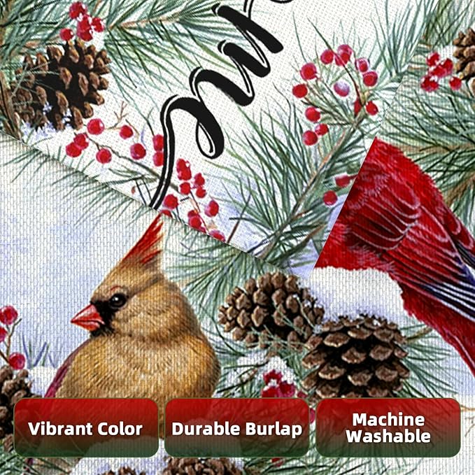 Welcome Christams Garden Flags for Outside Decoration, Cardinal Pine Twigs Berry Small Yard Flag, Seasonal Farmhouse Winter Xmas Holiday Outdoor Decor 12x18 Inch Vertical Double Sided