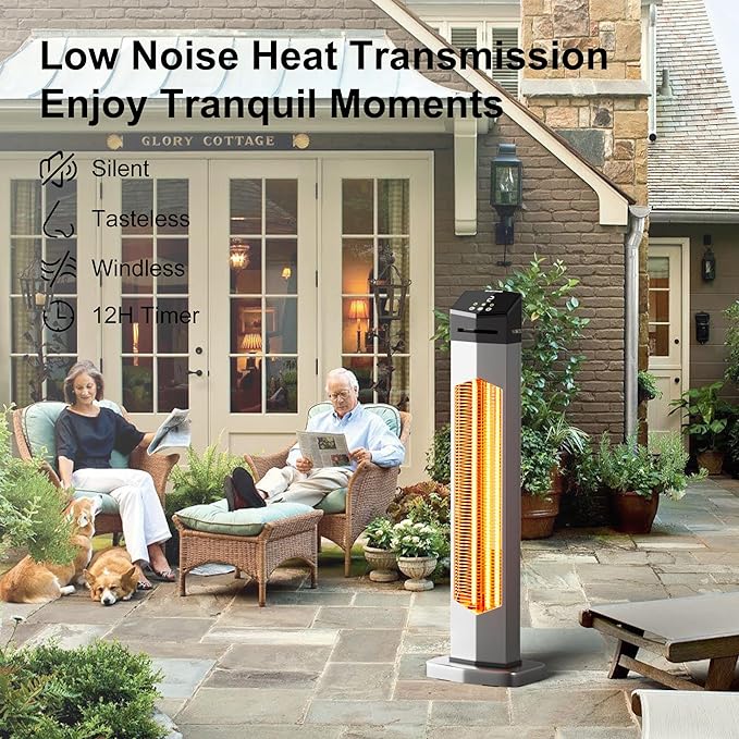 Outdoor Heaters for Patio,1500W Electric Infrared Radiant Heater with Remote,37IN Portable Tower Space Heater with 12H Timer,Tip-over Protection for Garage,Backyard,Porch,Indoor,Silver-gray