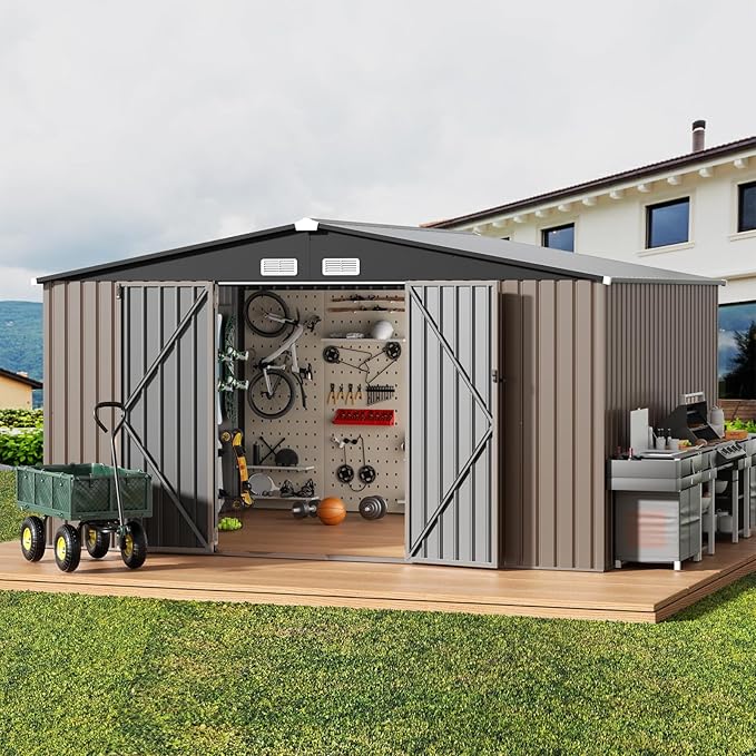 GVDV 10X12 FT Outdoor Storage Shed, Durable Metal Outside Storage for Garden, Patio and Backyard, Waterproof Shelter for Tools,Equipment