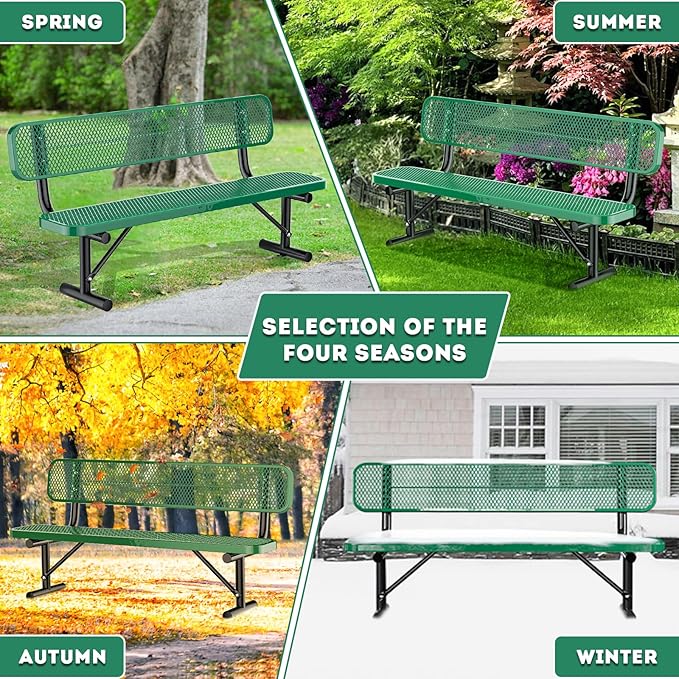 Heavy Duty Park Bench for Outside, Metal Park Bench with Back Portable Frame, Outdoor Steel Mesh Garden Bench with Backrest for Garden, Lawn, Patio, Porch, Park, Yard (Green, 6FT/73INCH)