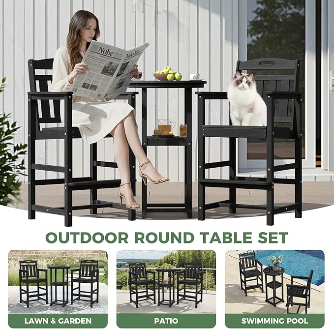 Outdoor Patio Bar Height Chair, All-Weather HDPE Tall Balcony Adirondack Stools for Bistro, Garden, Backyard, Deck | Matte Black