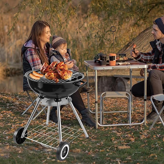 Charcoal grill, portable kettle charcoal grill with insulated cover, suitable for courtyard, camping, and outdoor use. (18 inches red)