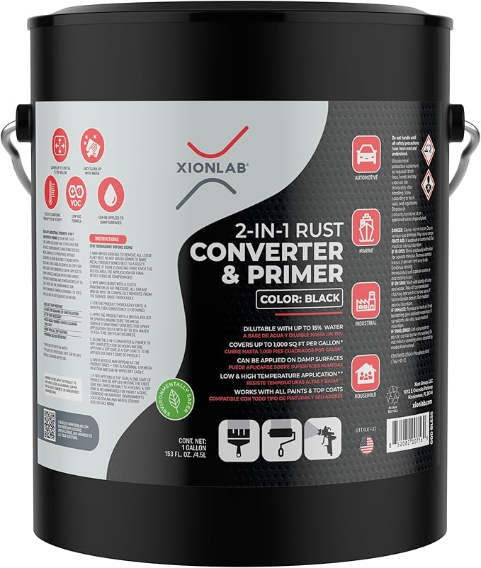 Xion Lab Rust Converter 2 in 1 Primer – Water Based Industrial Rust Reformer & Inhibitor – High Coverage, UV Resistant, No Topcoat Required – Works on Cars, Trailers, Marine & Metal Surfaces (Black)