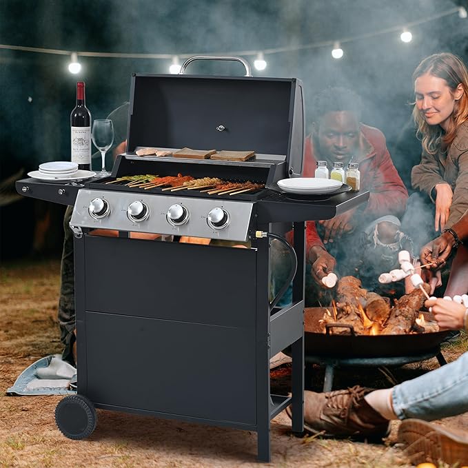Propane Gas Grill 4 Burner Barbecue Grill, Stainless Steel 34,000 BTU Patio Garden Barbecue Grill with Two Shelves, Lid, Wheels and Bottle Opener