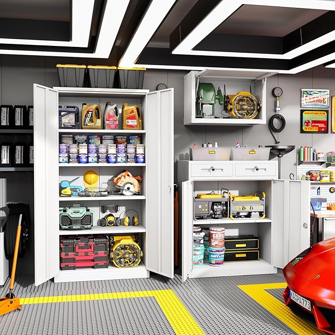Greenvelly Metal Storage Cabinet with Drawers, 42โ White Steel Garage Storage Cabinet with 2 Doors and Adjustable Shelves, Locking Office Storage Cabinets, Tool Metal File Cabinet for Office School