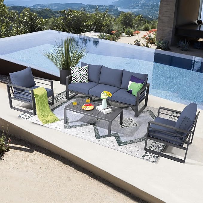 Patiorama Aluminum Patio Furniture Set, 4 PCS Modern Patio Conversation Set, All Weather Dark Grey Outdoor Sectional Sofa Set w/Table, 3-Seater Sofa, Superior Olefin Cushion, Garden-Blue Cushion