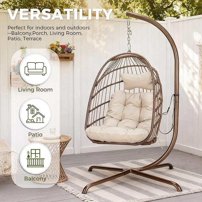 RADIATA Modern Hanging Egg Chair with Stand, Outdoor Wicker Swing Hammock Chair with Padded Cushion, 350Lbs Free-Standing Eggshell Basket Seat for Garden Patio Balcony Indoor Reading Nook, Brown