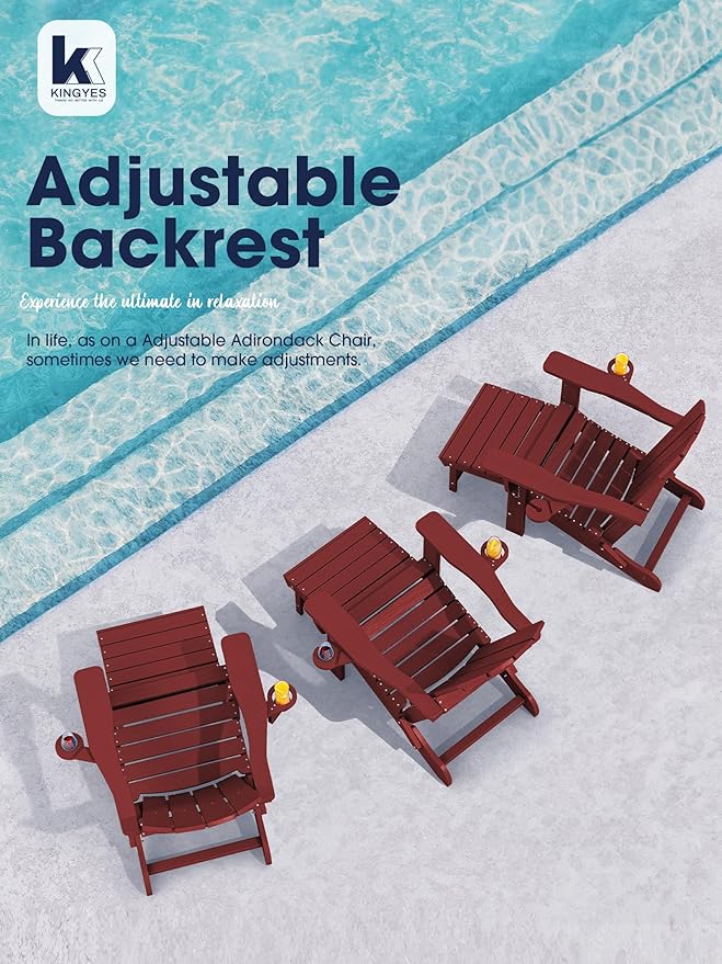 KINGYES Folding Adjustable Adirondack Chair with Ottoman & 2 Cup Holders Set of 4, HDEP Multifunctional Adirondack Chair with Footrest, Red