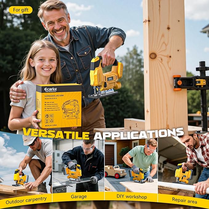 Ecarke Cordless Jig Saw Compatible With Dewalt 20V Max, Brushless, 7 Speeds Dial Control, 4 Orbital Sets, Dust-Blowing, ±45° Bevel Cuts, LED Light and 6PCS Blades For Cutting (Exclude Battery)