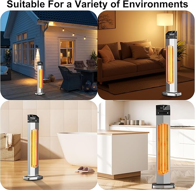 AKIRES 37IN Outdoor Electric Patio Heater,Portable Infrared Heaters With Remote,IP54 Waterproof Tower Space Heater,12H Timer,Large Room Heater for Garage Backyard Porch Balcony Shop Patio,Silver