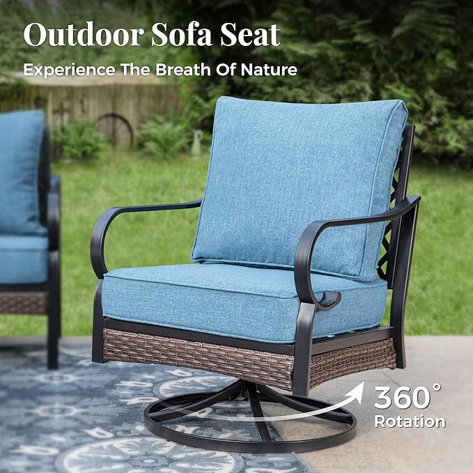 Outdoor Patio Swivel Sofa Chairs Set of 2 Steel Frame Porch Furniture with Deep Seating and 5.75" Cushions for Lawn Backyard Deck, Navy Blue