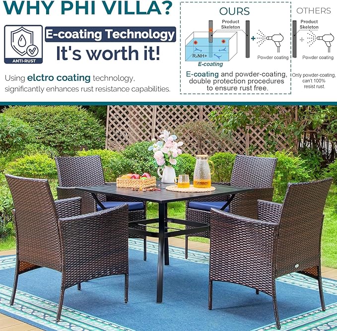 PHI VILLA 5 Piece Patio Dining Set with 10ft Umbrella, 37" Square Metal Dining Table & 4 Cushioned Rattan Chairs with Red Umbrella for Outdoor, Deck, Yard, Porch