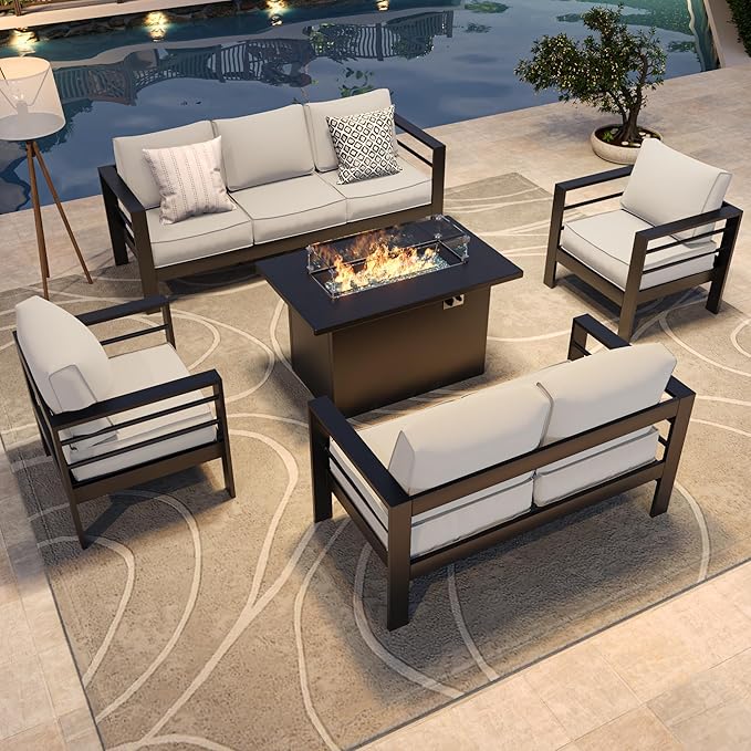 Amopatio Patio Furniture with Fire Pit, 8 Pcs Aluminum Outdoor Metal Patio Sofa Sets with Aluminum Fire Pit Table(Included Waterproof Covers)