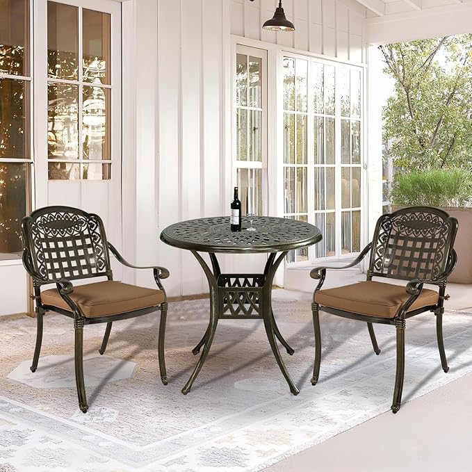 VIVIJASON 3-Piece Outdoor Patio Bistro Set, All-Weather Cast Aluminum Furniture Dining Sets Include 2 Cushioned Chairs and 31" Round Table w/Umbrella Hole for Balcony, Lawn, Garden, Backyard
