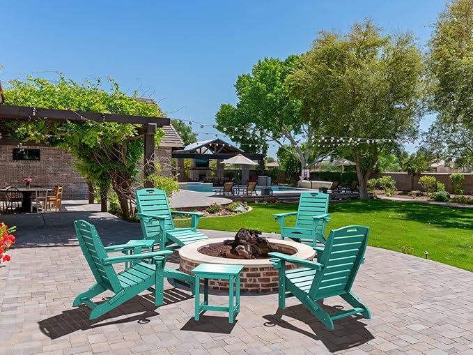 Folding Adirondack Chair with Retractable Ottoman Weather Resistant Fire Pit Chair Patio Chair with 2 Cup Holder Lawn Outdoor Lounge Chair (Tiffany Blue)