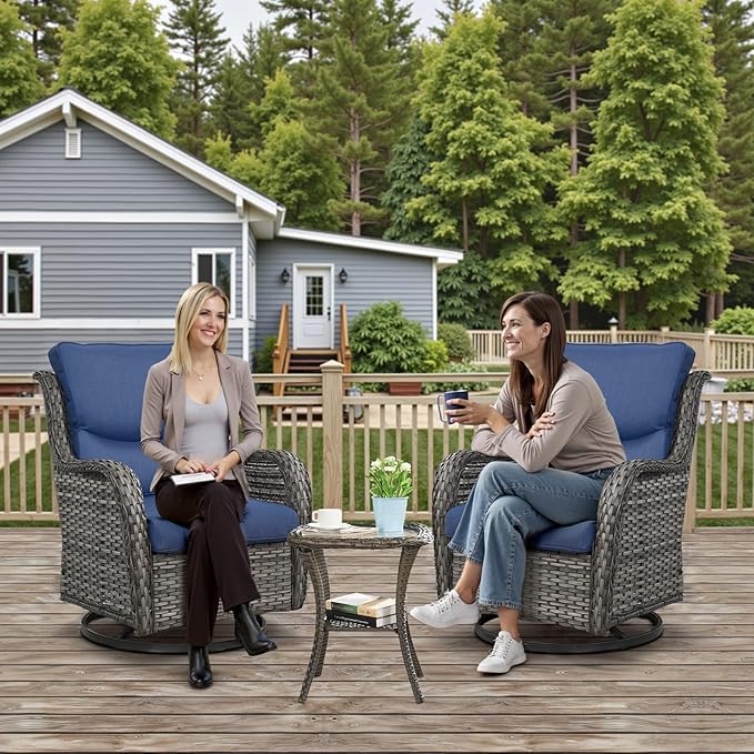 Outdoor Swivel Rocker Patio Chairs with 5" Thick Cushion - 3 Piece Wicker Bistro Set with Side Table, High Back Comfty Outdoor Glider Chairs for Balcony, Porch, Deck, Poolside - Gray/Blue