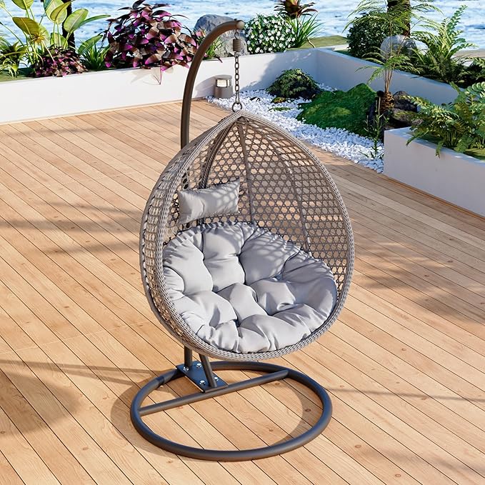 Egg Swing Chair Outdoor with Stand, Hanging Egg Rattan Basket Chair with Cushion and Pillow, Lounge Chairs, Foldable Basket and Metal Stand for Porch, Patio, Bedroom, Balcony,Yard (Grey)
