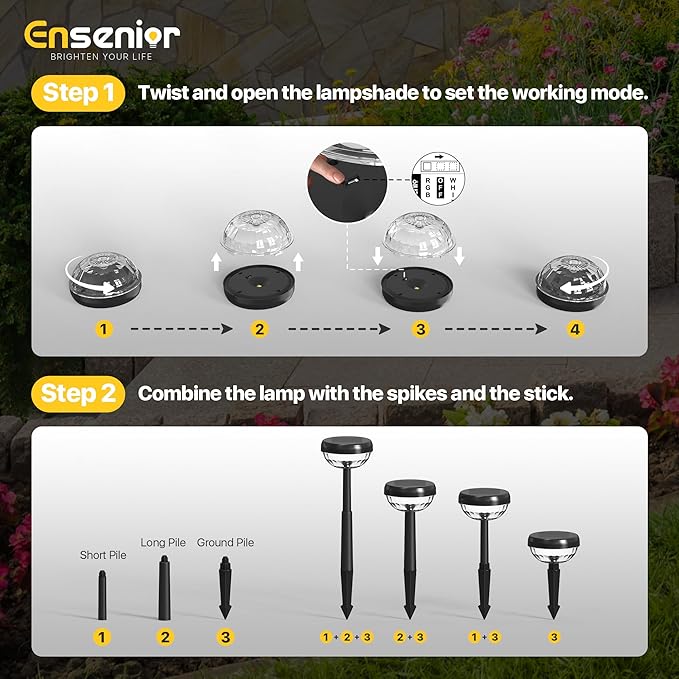 Ensenior Color Changing Solar Lights Outdoor, Auto ON/Off 6500K White Light & RGB LED Solar Garden Lights for Pathway, Yard, Patio, Waterproof, Energy-Efficient Landscape Lighting, 10-Pack