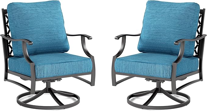 Metal Outdoor Swivel Patio Chairs Set of 2 with 5.75" Extra Thick Cushion, 2 Piece High Back Swivel Rocker Patio Chairs Outdoor Furniture Seating for Deck Balcony Front Porch, Blue-2