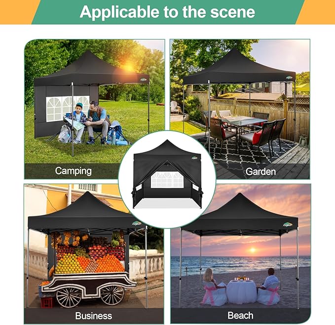COBIZI 10x10 Pop Up Canopy with Sidewalls Heavy Duty Party Tent with Removable Awning Easy Up Outdoor Canopy Wedding, All Season Windproof&Waterproof with Roller Bag UPF 50+, Black