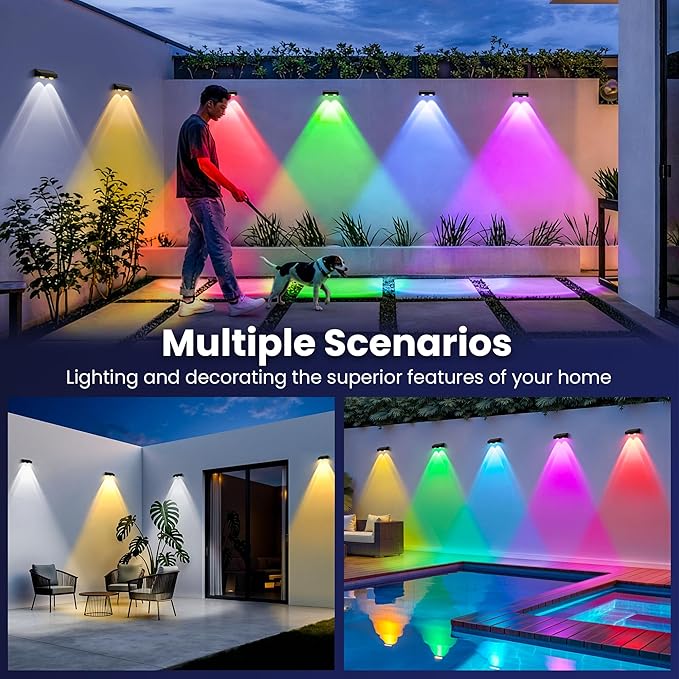 Solar Fence Lights Outdoor,50 LM 11 Modes & 9 Colors Solar Lights with Brighter LED Focus Lens Waterproof IP65 for Wall Backyard Deck Patio Porch Step Railings Pool Decor๏ผ16 Pack๏ผ