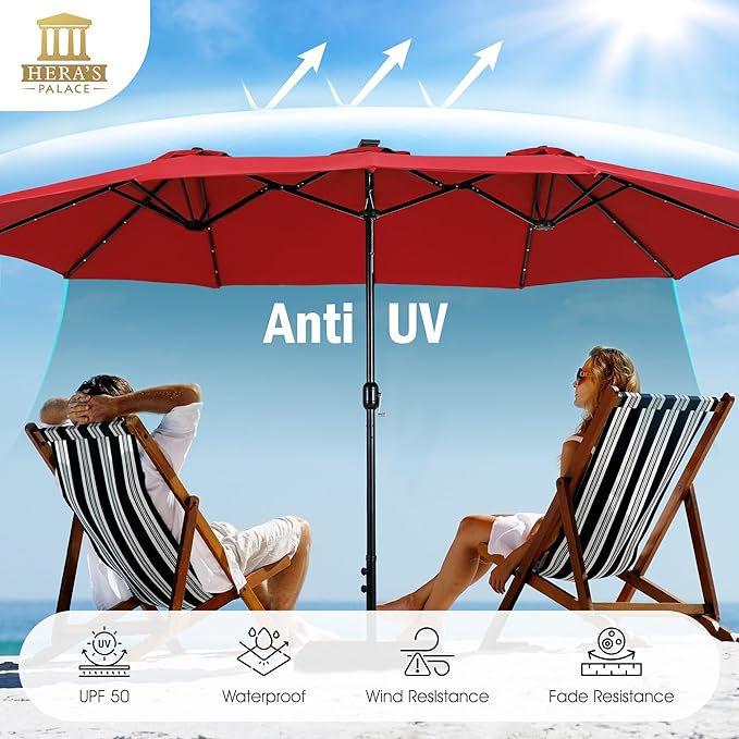 HERA'S PALACE 15ft Patio Umbrella with Base Included Double Sided Outdoor Umbrella for Patio Table Umbrella Outdoor 36 LED Solar Lights for Garden