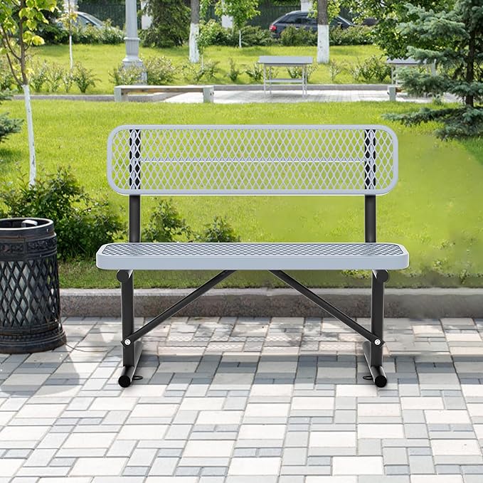 4 Feet Heavy Duty Metal Park Bench for Outside, Outdoor Bench with Backrest & Portable Frame, Commercial Benches for Shopping Malls, Stores, Parks, Patios, Decks, Grey