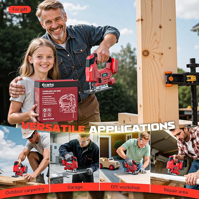 Ecarke Cordless Jig Saw Compatible With Milwaukee 18V Battery, Brushless, 4 Orbital Sets, 7 Speeds Dial Control, Dust-Blowing, ±45° Bevel Cuts, LED Light and 6PCS Blades For Cutting (Without Battery)