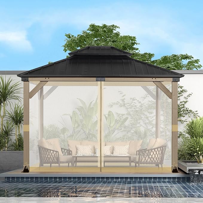 BPS 12' x 14' Gazebo Universal Mosquito Netting Screen Replacement, 4-Panel Screen Walls with Double Zippers for Outdoor Patio, Khaki (Mosquito Net Only)