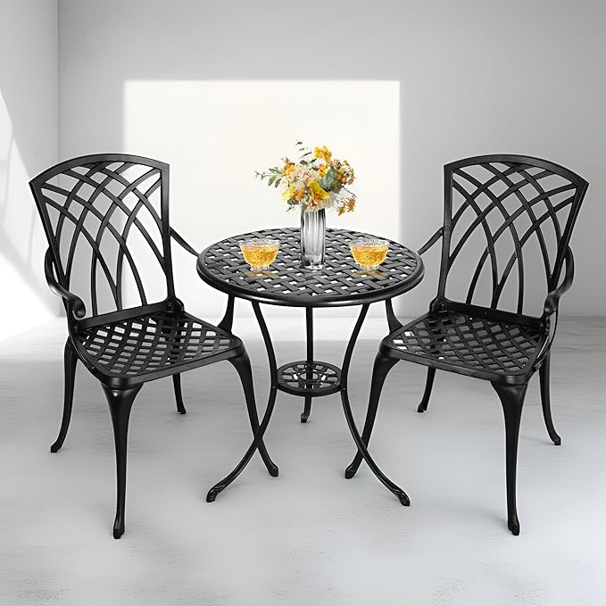 Bistro Patio Set 3 Piece,Cast Aluminum Bistro Table and Chairs Set of 2 with Umbrella Hole,All Weather Bistro Table Set for Yard Garden,Outdoor/Indoor Use,Black
