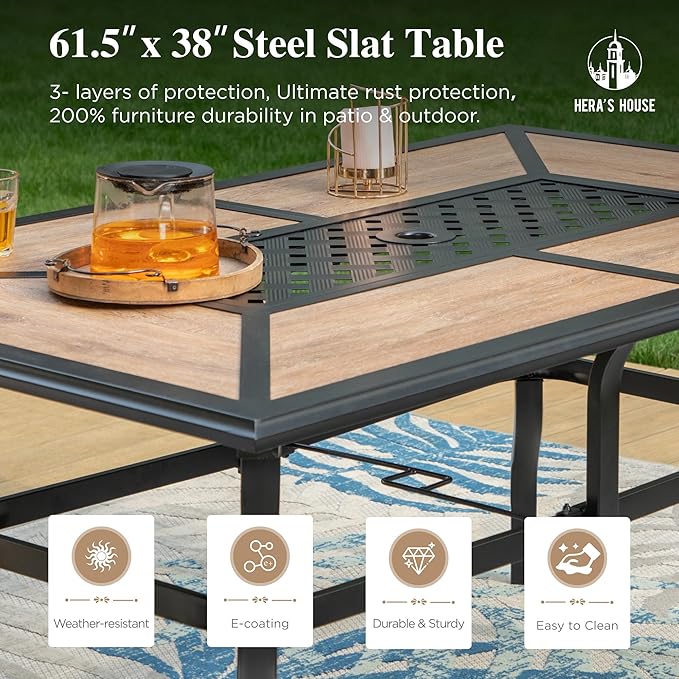 HERA'S HOUSE 7 Pieces Patio Dining Set, Outdoor Dining Set for 6, 6 x All Weather Textilene Padded Patio Dining Chair, 1 x Rectangular Large Surface Wood Like Dining Table, for Lawn Garden Backyard
