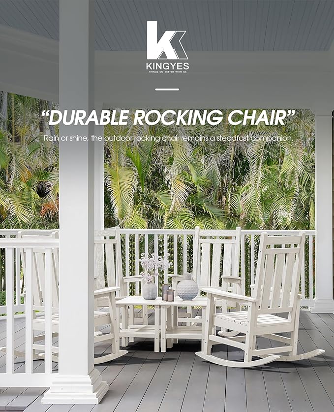 KINGYES Outdoor Rocking Chair Set of 2, All-Weather Patio Rocking Chairs for Porch, HDPE Rocking Outdoor Chairs with High Back for Adult, Heavy Duty Outdoor Patio Rockers for Garden, Lawn, White