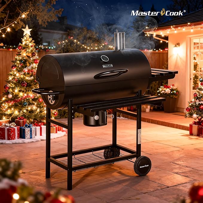 MASTER COOK Barrel Charcoal Grill with Foldable Front Shelf, Outdoor bbq Grill with 686 Sq.in. Cooking Area, Thermometer and Adjustable Air Vents for Patio, Parties,Backyard, Tailgating, Black