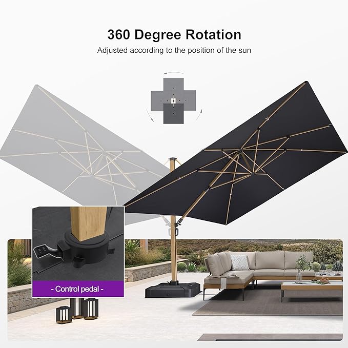 PURPLE LEAF 11FT Patio Umbrella With Base Square Cantilever Umbrella Teak Finished Aluminum Frame Large Windproof Offset Outdoor Sun Umbrellas for Beach Pool Deck, Grey