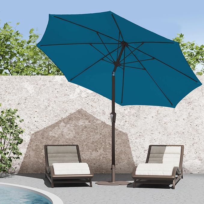 PatioKingdom 9FT Patio Outdoor Umbrella-UPF 50+ Sun Shade with Wind Vent, Push-Button Tilt & Smooth Crank Lift, Rust-Resistant Fiberglass Frame for Garden, Backyard,Yard (Lake Blue, 9FT)