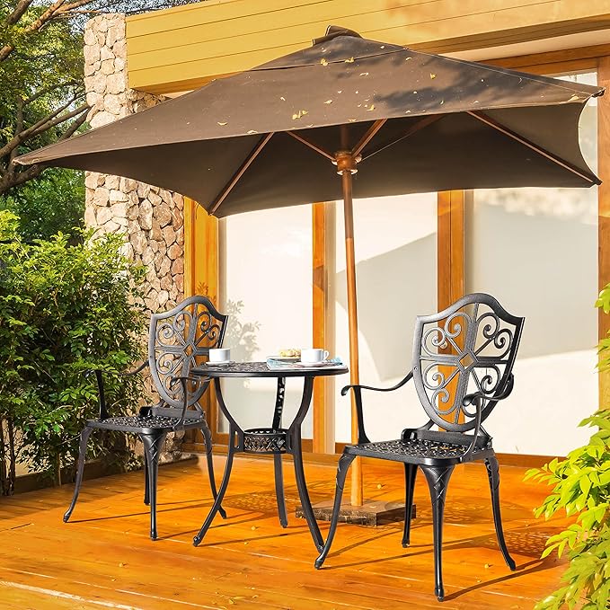 NUU GARDEN Bistro Set 3 Piece Outdoor, Cast Aluminum Patio Bistro Sets with Umbrella Hole, Bistro Table and Chairs Set of 2 for Patio Backyard