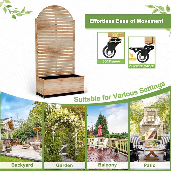 FENCY Metal Raised Garden Bed with Wheels and Trellis,Arched 73"x35"x16" Planter Box for Climbing Plants, Vegetables & Vines, Features Privacy Screen and Drainage Holes (Acacia Wood Finish)