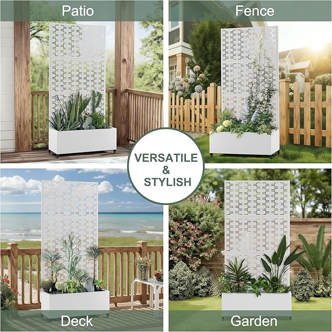 Planter Box with Trellis and Wheels, Metal Privacy Screen with Garden Beds Outdoor for Climbing Plants, Standing Planter Boxes with Drainage Holes (35" L×16" W×71" H, White Rectangle)