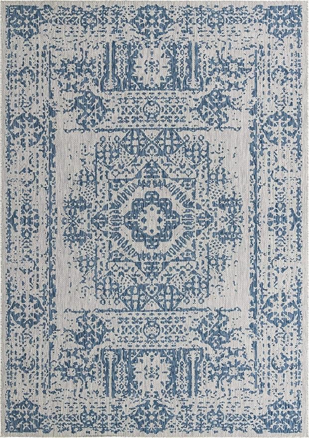 Unique Loom Outdoor Traditional Collection Area Rug - Timeworn (10' x 14' 1" Rectangle, Blue/ Gray)