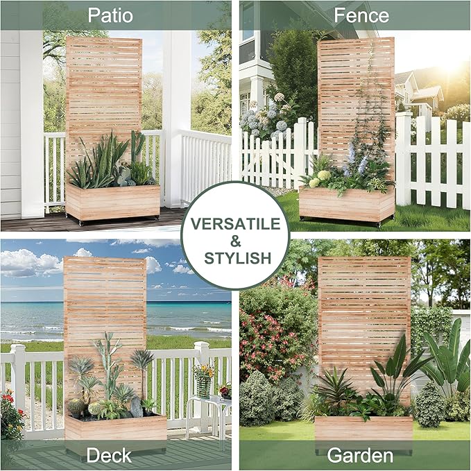 Large Metal Planter Box with Trellis and Wheels for Climbing Plants, Flower Garden Beds with Privacy Screen & Drainage Holes for Patio (35" L, Square White Wood Grain)