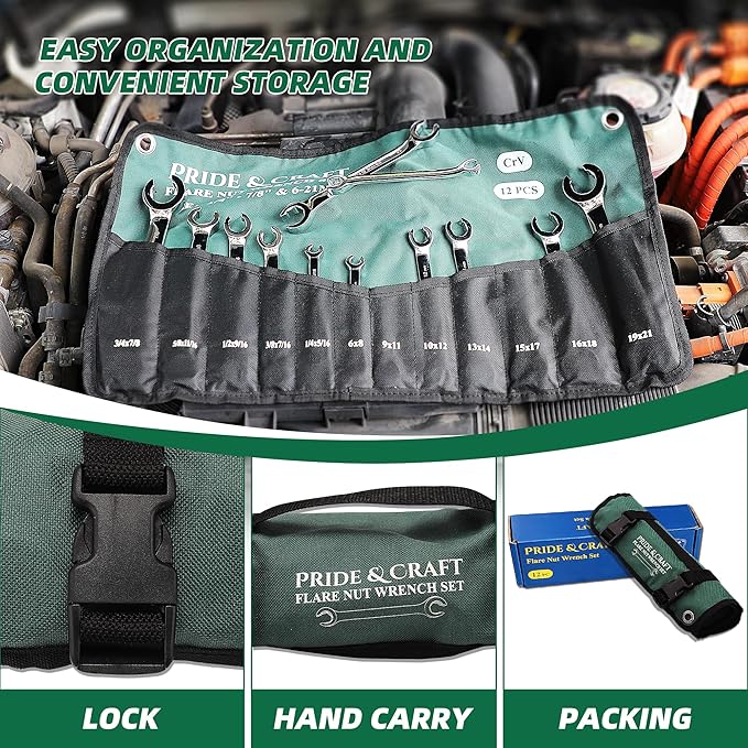 PRIDE&CRAFT 12-Piece Flare Nut Wrench Set, Metric & SAE,6-21mm & 1/4" to 7/8", CR-V Steel, 15°Offset Design, Brake Line Wrench Set with Organizer Pouch