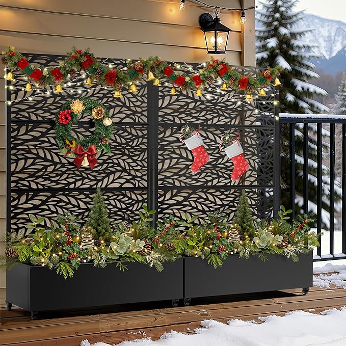 FENCY Metal Raised Garden Bed with Wheels and Trellis,73"x47"x16" Planter Box for Climbing Plants, Vegetables & Vines, Features Privacy Screen and Drainage Holes (Black-Leaf)