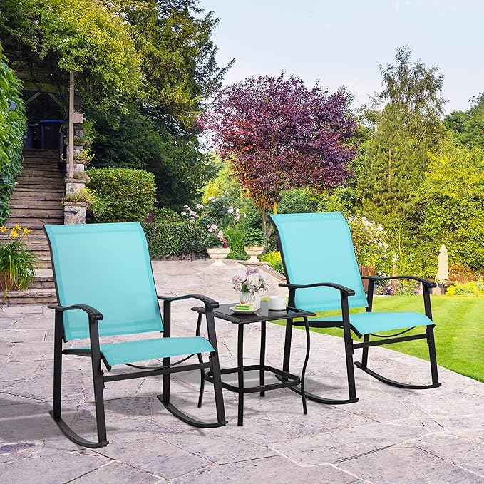 Shintenchi 3 Piece Rocking Bistro Set, Outdoor Furniture with Rocker Chairs and Glass Coffee Table Set of 3, Balcony, Porch Furniture for Small Space, Blue