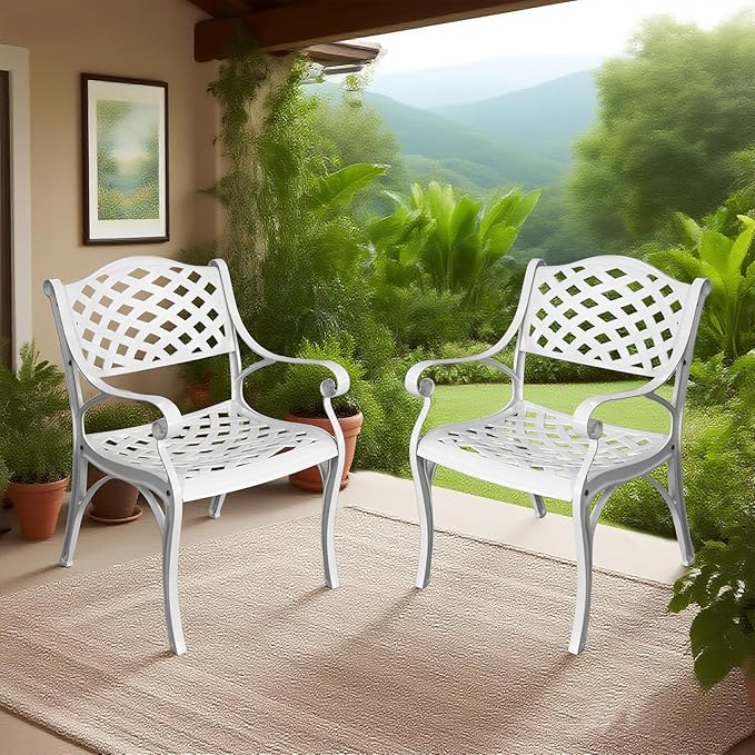 2 Piece Patio Chairs Cast Aluminum Outdoor Dining Chair with Armrests, Metal 2 Piece Patio Bistro Chair with Adjustable Feet, Wrought Iron Bistro Patio Dining Chair for Garden,Set of 2 White