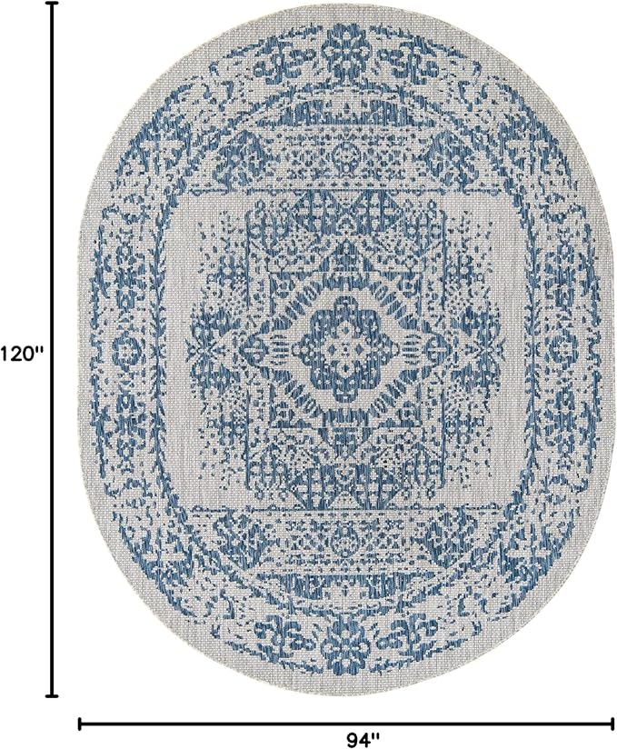 Unique Loom Outdoor Traditional Collection Area Rug - Timeworn (7' 10" x 10' Oval, Blue/ Gray)
