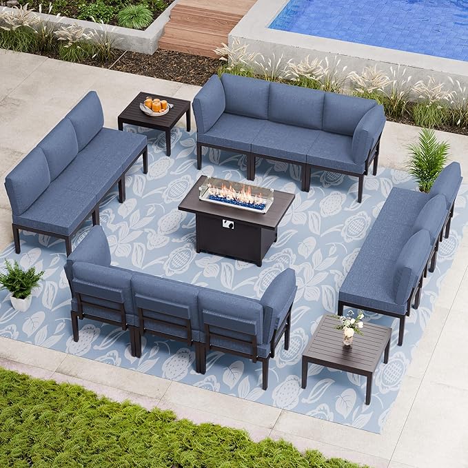 Patio Furniture Set,15 Pieces Modern Outdoor Conversation Set w/43in Gas Fire Pit Table, Outdoor Metal Sectional Sofa with 55000 BTU Propane Fire Pit