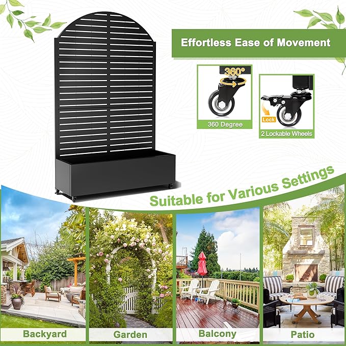 FENCY Metal Raised Garden Bed with Wheels and Trellis,Arched 73"x47"x16" Planter Box for Climbing Plants, Vegetables & Vines, Features Privacy Screen and Drainage Holes (Black-Louvered)
