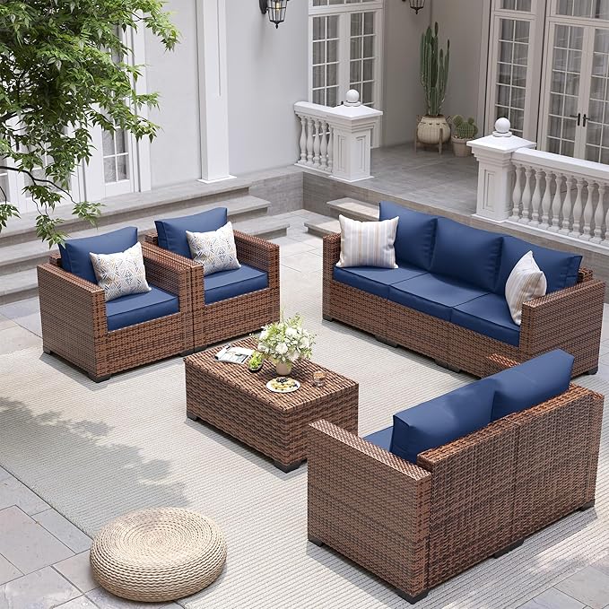 UDPATIO 5 Piece Outdoor Furniture Set, Oversized Armrest Patio Furniture Sets with Storage Table No-Slip Cushions Waterprool Covers for Poolside Deck Backyard Navy