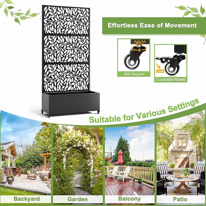 FENCY Metal Raised Garden Bed with Wheels and Trellis,73"x35"x16" Planter Box for Climbing Plants, Vegetables & Vines, Features Privacy Screen and Drainage Holes (Black-Leaf-2)